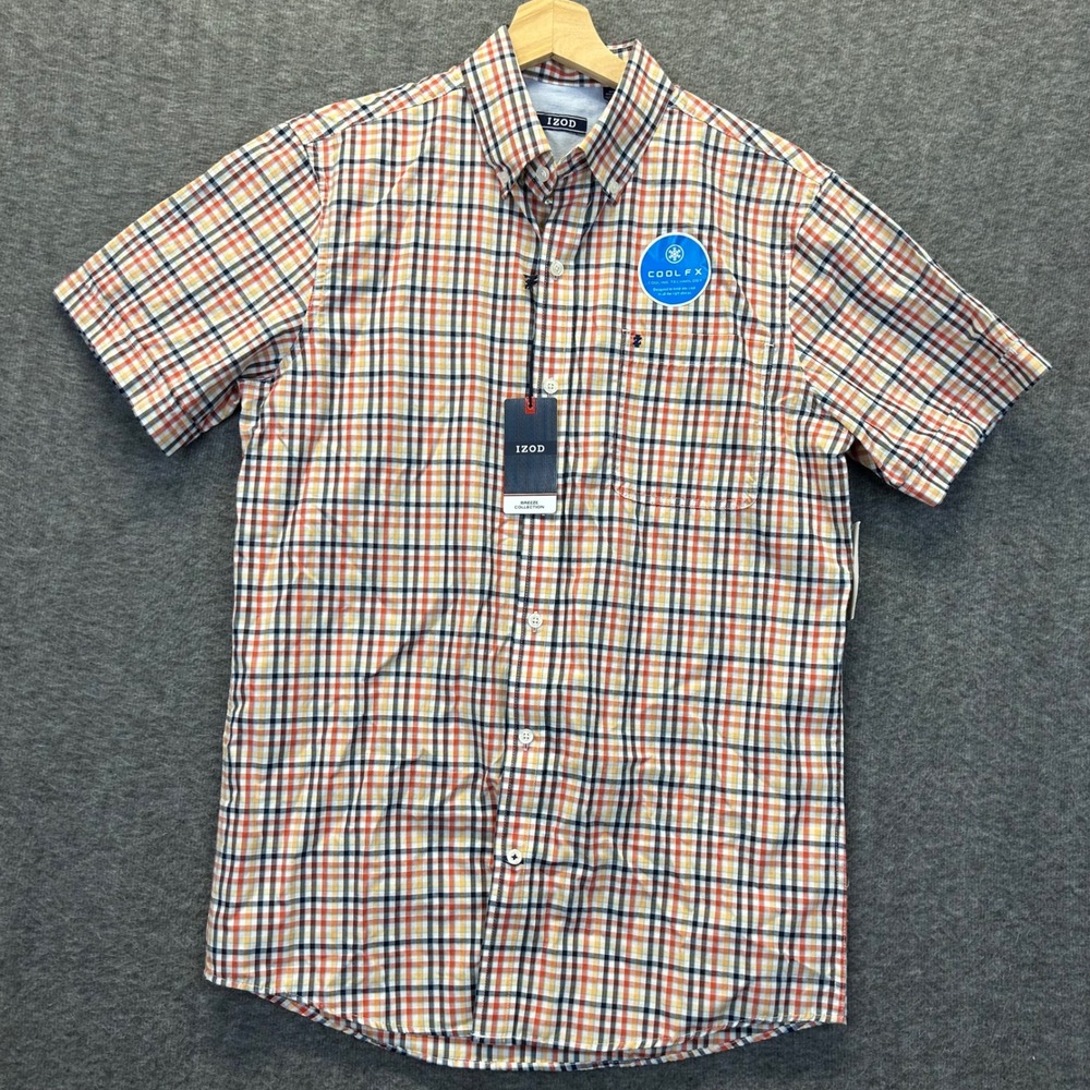 Izod Breeze Collection Mens Small Red Clay Plaid Cool FX Short Sleeve Shirt NEW